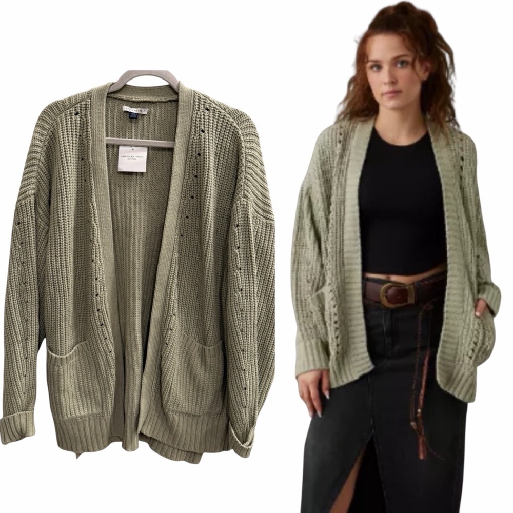 NWT AMERICAN EAGLE Slouchy Chunky Knit Oversized Cardigan Sweater Green Size XS
